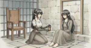 メイド服姿のわたしが、長髪の囚われ姫君に皮の水筒を差し入れる
