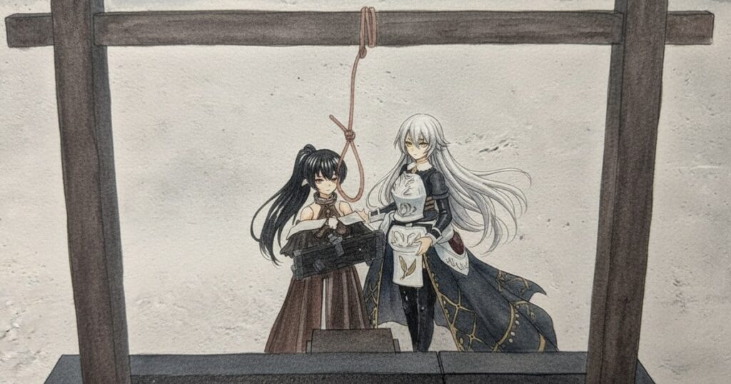 絞首台の前に立つ黒髪ハイポのメイドと銀髪ロングのご主人様、Valkyria 水彩