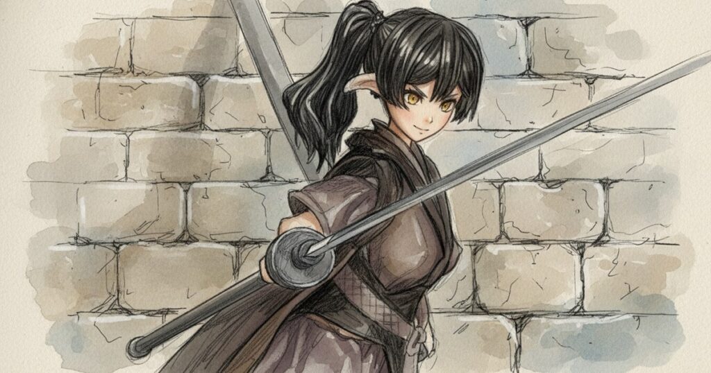 和装の女剣士が刀を構える Valkyria 水彩イラスト