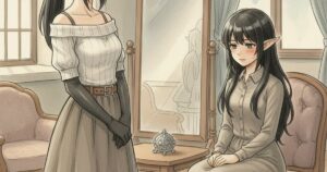 メイドと少女が向かい合い、小さな銀の品が机に置かれた Valkyria 水彩