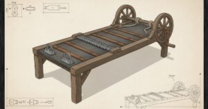 黒木の伸長台。両端に手回しハンドル、中央に革帯。Valkyria 水彩風技術スケッチ