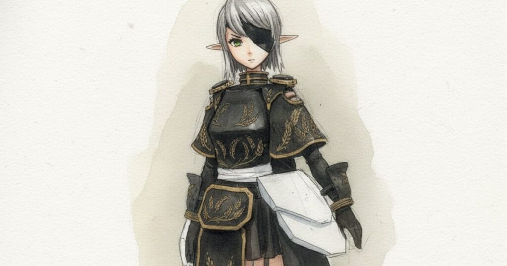 銀髪エルフ、眼帯と斧、騎士修道会の鎧の Valkyria 水彩